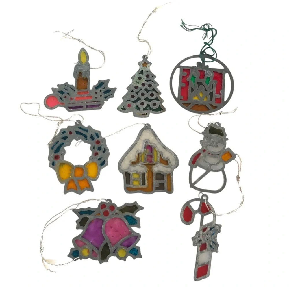 VINTAGE 80s 90s Lot of 8 Stained Glass Style Suncatcher Christmas Ornaments